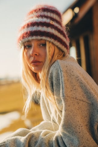 Olivia Striped Beanie - Denim Blue & Burgundy
