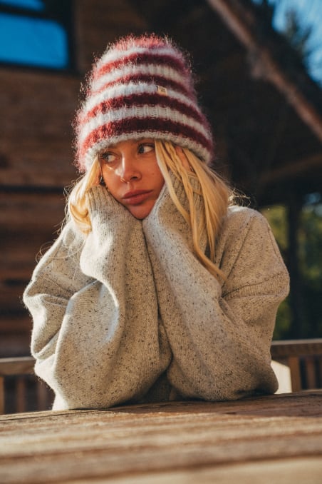 Olivia Striped Beanie - Denim Blue & Burgundy Olivia Striped Beanie - Denim Blue & Burgundy