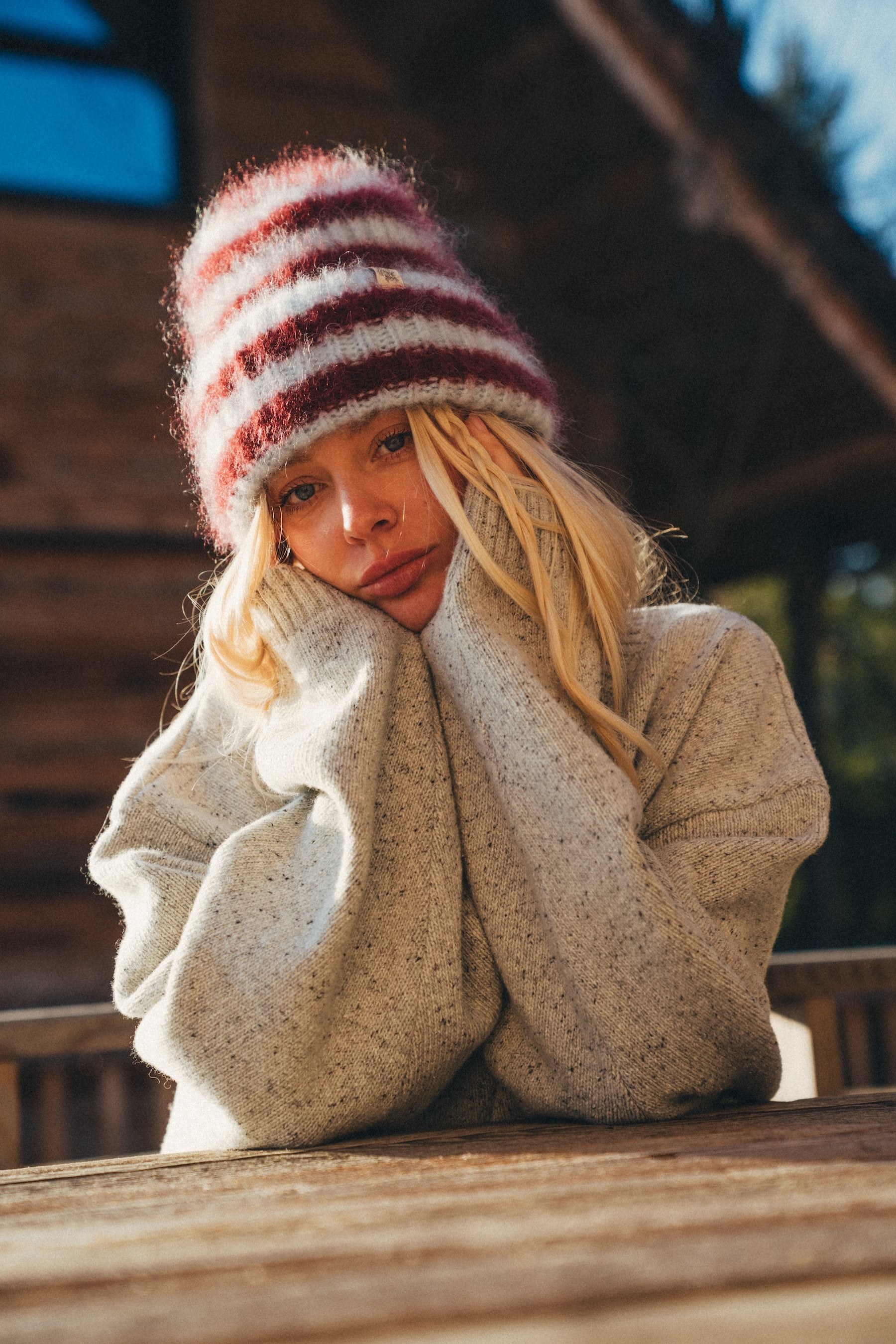 Olivia Striped Beanie - Denim Blue & Burgundy