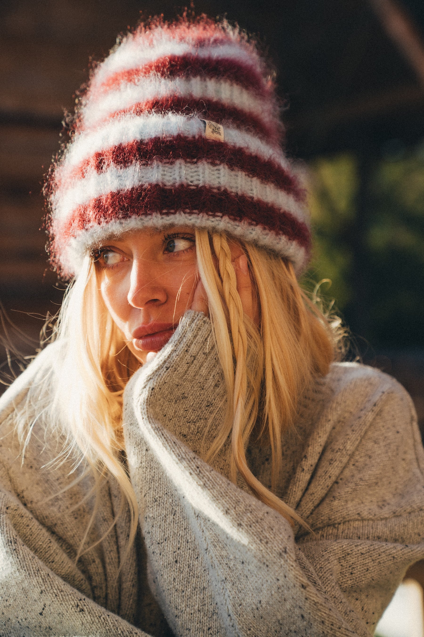 Olivia Striped Beanie - Denim Blue & Burgundy