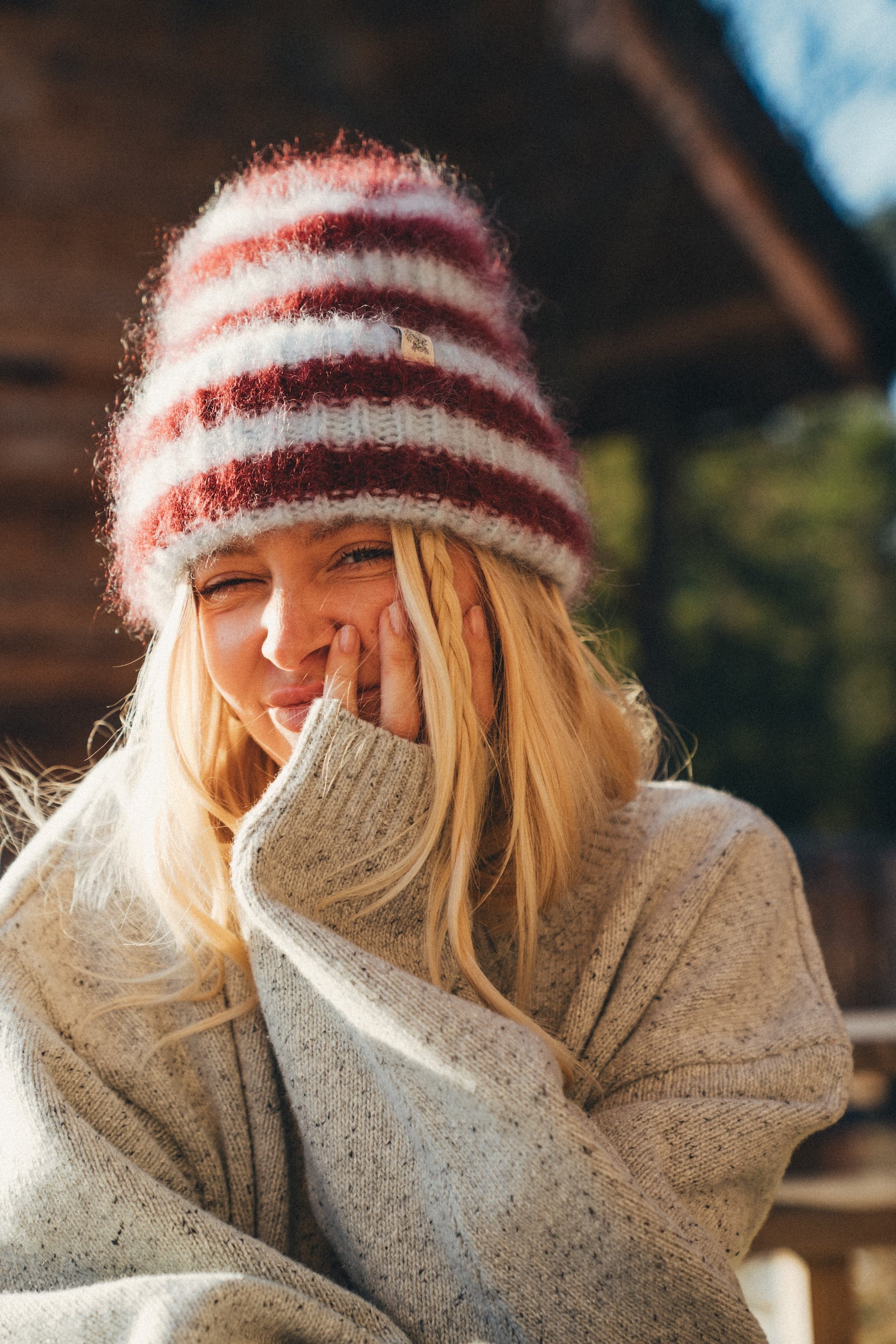 Olivia Striped Beanie - Denim Blue & Burgundy