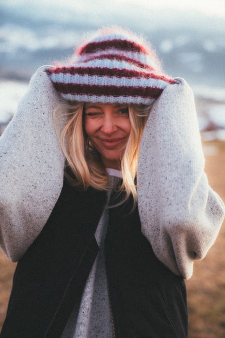 Olivia Striped Beanie - Denim Blue & Burgundy Olivia Striped Beanie - Denim Blue & Burgundy