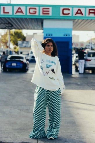 Checkered Soft Loose Pants - White Sage