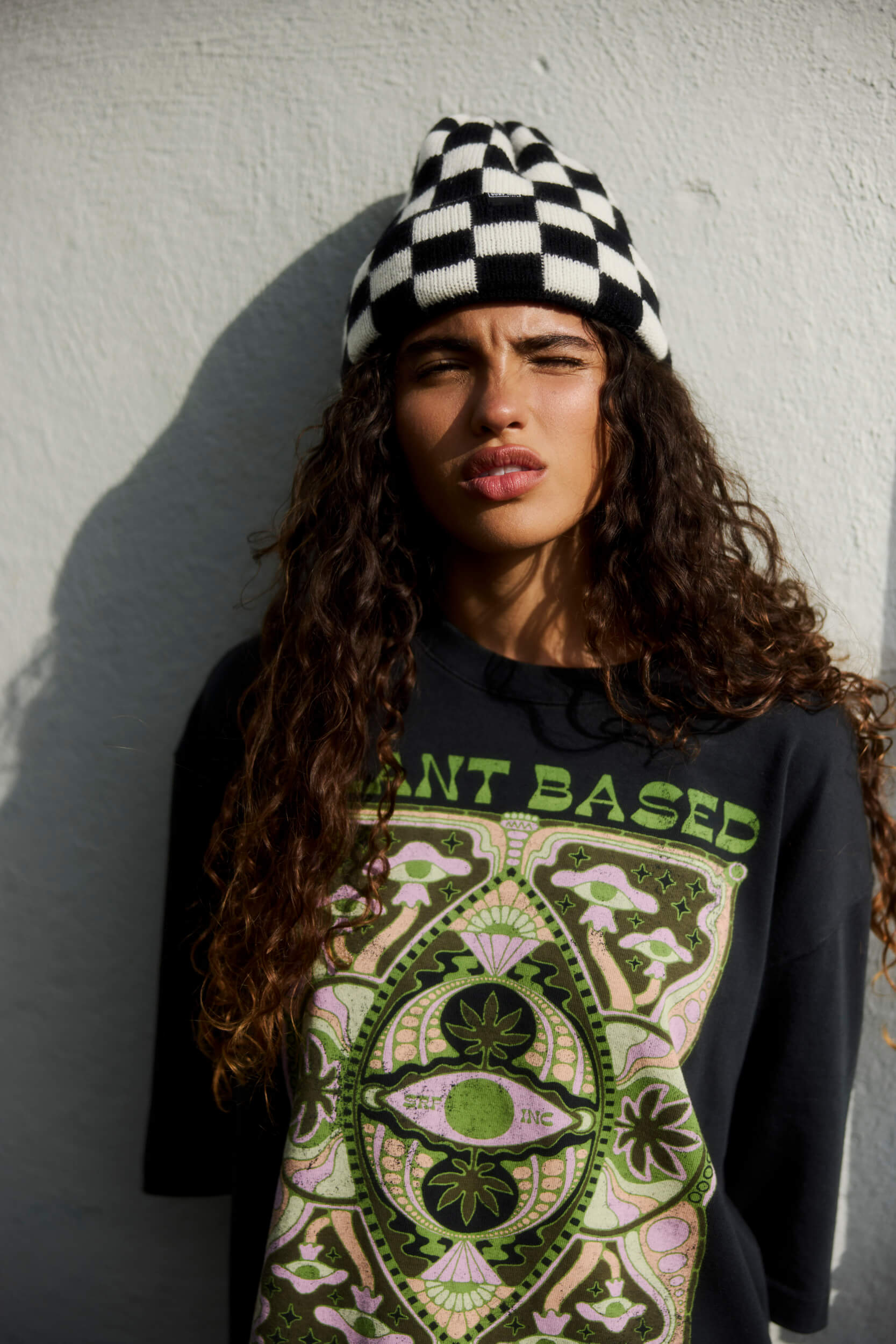 Checkered Folded Beanie - Space Black & Vintage White