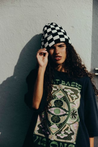 Checkered Folded Beanie - Space Black & Vintage White
