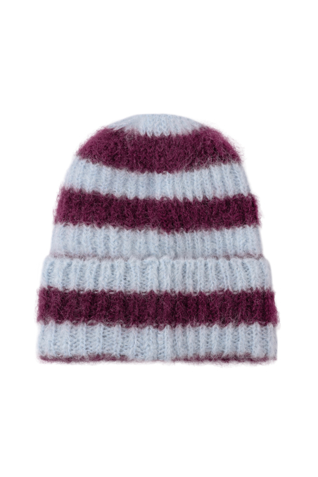 Olivia Striped Beanie - Denim Blue & Burgundy Olivia Striped Beanie - Denim Blue & Burgundy