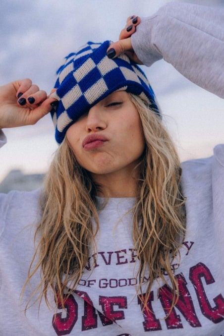 Checkered Folded Beanie - Cobalt Haze & Vintage White - Beanies Checkered Folded Beanie - Cobalt Haze & Vintage White - Beanies