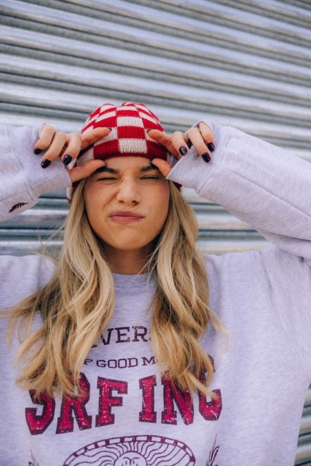 Checkered Folded Beanie - Formula Red & Vintage White Checkered Folded Beanie - Formula Red & Vintage White