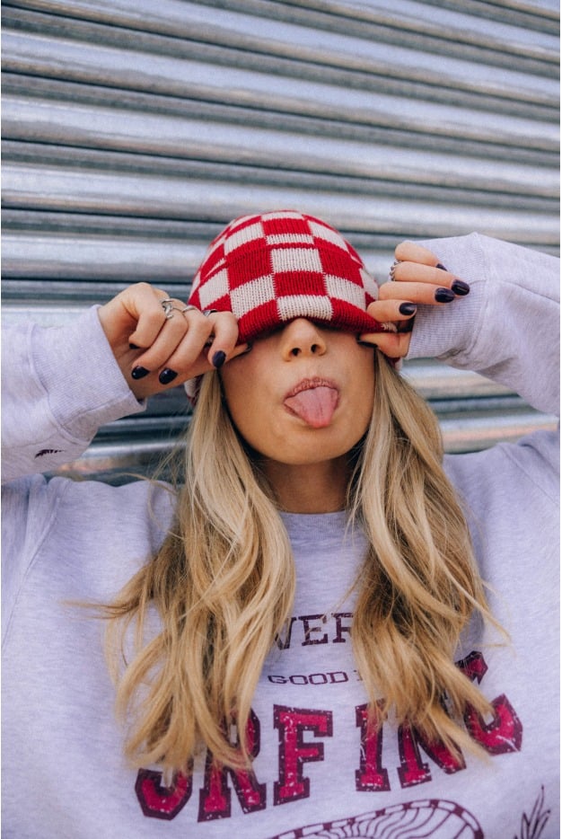 Checkered Folded Beanie - Formula Red & Vintage White Checkered Folded Beanie - Formula Red & Vintage White