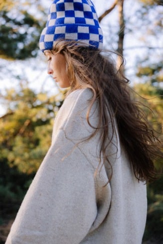Checkered Folded Beanie - Cobalt Haze & Vintage White - Beanies