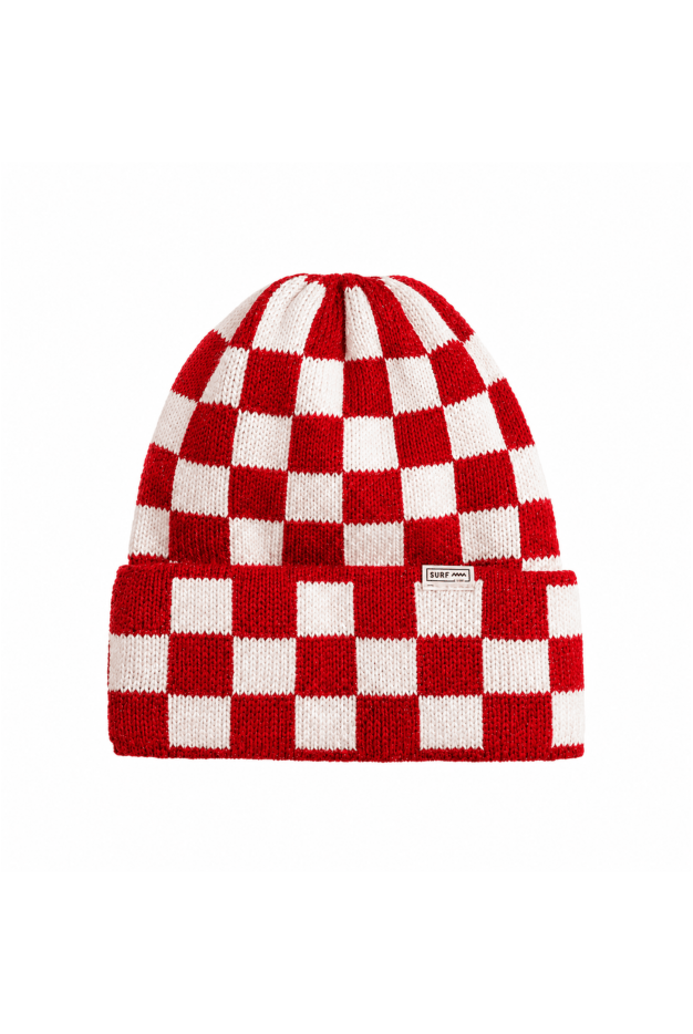 Checkered Folded Beanie - Formula Red & Vintage White - Beanie Mutsen Checkered Folded Beanie - Formula Red & Vintage White - Beanie Mutsen